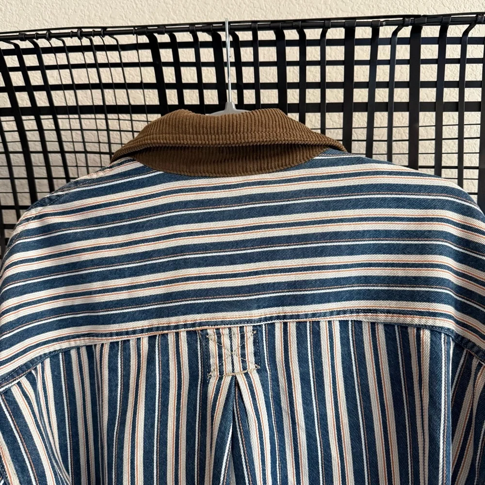 Free People Blue and White Striped Jean Jacket with Brown Corduroy Collar - Picture 6 of 8